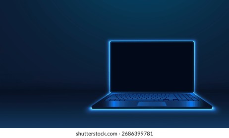 Pantalla en blanco futurista del ordenador portátil virtual con el neón azul brillante en fondo oscuro. Tecnología informática y concepto de internet. Fondo de tecnología Abstractas con una computadora portátil. Ilustración vectorial.