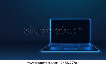 Futuristic virtual laptop blank screen with glowing blue neon on dark background. Computer technology and internet concept. Abstract technology background with a laptop. Vector illustration.