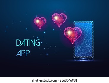 Futuristic virtual love, online relationship concept with glowing low poly phone and red hearts 
