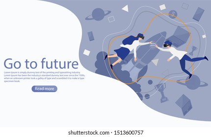Futuristic virtual reality headsets technology concept. Man and woman wear VR glasses device with rocket, dollar coin, smartphone and laptop element moving. Vector illustration in flat style.