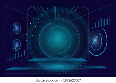 Futuristic virtual reality head-up display design. Sci-Fi VR HUD helmet visor concept. GUI UI display with speedometer and data statistics panel. High tech user Interface cockpit screen illustration