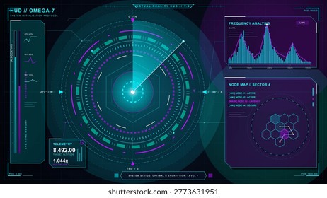 Futuristic virtual reality HUD interface with circular radar display, frequency analysis chart, node map, telemetry, and neon cyan purple grid