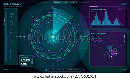 Futuristic virtual reality HUD interface with circular radar display, frequency analysis chart, node map, telemetry, and neon cyan purple grid