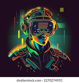 Futuristic virtual reality or metaverse concept illustration with teenager in virtual reality gaming goggles or mask silhouette on black background. Vector illustration