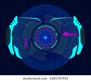 Futuristic virtual screen with a circular target and various indicators using hud technology, ideal for video games or science fiction movies, representing a futuristic interface