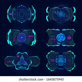 Futuristic virtual screen. Hud technology frame, virtual tracking aim, hud digital device interfaces. Computer hud vr future display, smart glasses vector illustration set