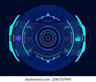 Futuristic virtual screen showing a camera diaphragm and various graphs, resembling a heads up display, with glowing neon lights and a dark, technological background