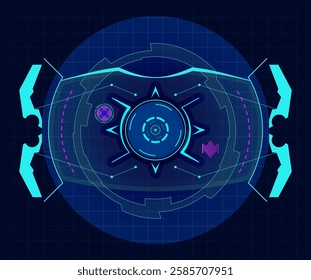 Futuristic virtual screen is showing a target tracking system with digital interface, analyzing data and scanning in a dark technological background