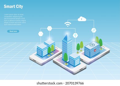 Futuristic virtual smart city buildings on smart phone screen. Intelligent buildings using cloud computing and wireless innovation technology to develop smart services and security. 3D Isometric.