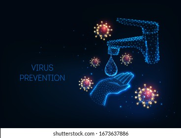 Futuristic virus, bacteria spread prevention by washing hands concept isolated on dark blue background. Personal hygiene warning banner. Modern wire frame mesh design vector illustration.