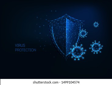 Futuristic virus protection concept with glowing low polygonal shield and virus cells on dark blue background. Antibiotic, vaccination against coronavirus. Modern wireframe design vector illustration.