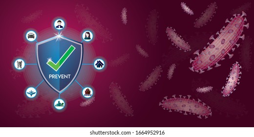 Futuristic virus protection concept with glowing low polygonal shield and virus cells on dark blue background. Antibiotics, vaccination. Modern wireframe design vector illustration EPS 10.