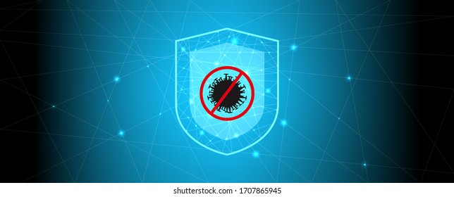 Futuristic virus protection concept with glowing low polygonal shield and virus cells on dark blue background. Stock vector illustration