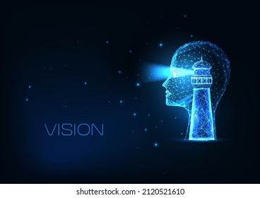 Futuristic vision concept with glowing low poly human head and light house isolated on dark blue 