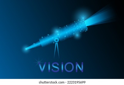 Concepto de visión futurista. El símbolo y el texto del telescopio brillante. Ilustración del vector de visión abstracta de tecnología. Concepto de diseño gráfico de la visión de negocios. Resplandor en el fondo oscuro.