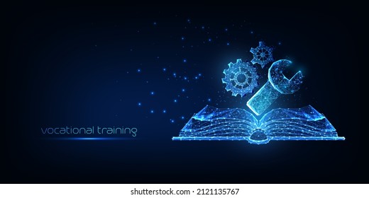 Futuristic vocational training concept with glowing gears, wrench and book isolated on dark blue