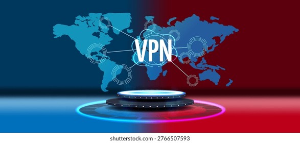 Futuristic VPN concept showing global network connections on world map. Glowing text pedestal on contrasting red blue background. Represents cybersecurity, privacy, data protection technology