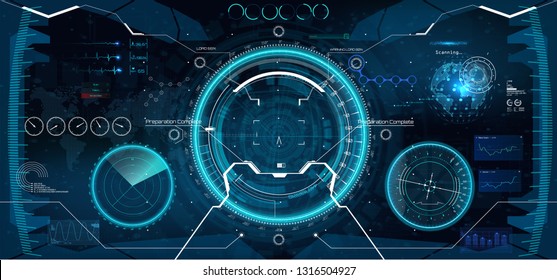 Futuristic VR Head-up Display Design. Future Technology Display Design. Vitrual Reality In HUD UI Style. View From The Cockpit Spaceship. Technology Elements, Dashboard, Radar, Aim In HUD UI Style