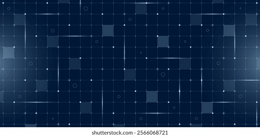 Futuristic VR HUD user interface with digital grid and particle mesh. Hi tech GUI visor layout. Sci fi spaceship display featuring lines and dots on dark blue background for advanced FUI dashboard