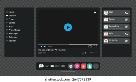 A futuristic VR UI overlay with a transparent background, featuring a central video player, side panels with menus, icons, and a friends list for calls or messages. Ideal for AR VR headset interfaces.