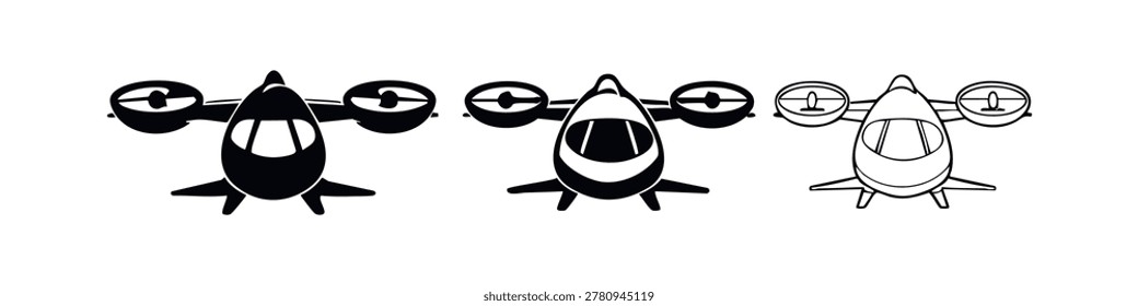 Futuristic VTOL aircraft icon set. Sleek flying car concept, air mobility solution.