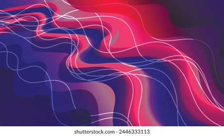 Futuristic wallpaper in blue pink tones. Intertwining wavy lines against a background of overlapping abstract shapes and mixing of colors. Vector.