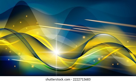 Futuristic wallpaper in blue and yellow tones. Flashes of energy, lights, meteorites against the background of overlapping translucent wavy shapes and mixing colors. Vector.