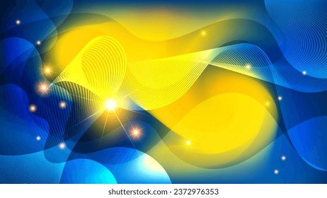 Futuristic wallpaper in blue and yellow tones. Flashes of energy, lights, intertwining wavy lines against a background of overlapping abstract shapes and mixing of colors. Vector.