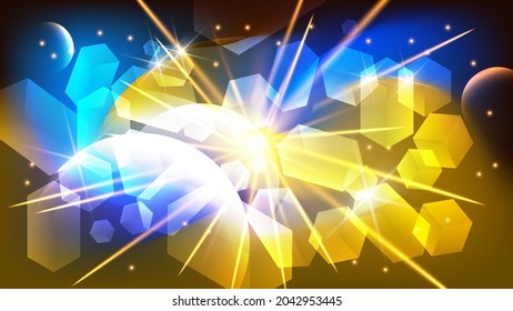 futuristic wallpaper. an explosion in space, silhouettes of planets, sparks, meteorites, debris, glare, lights and glow against the background of a mixture of blue and yellow colors. vector 