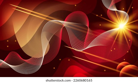 Futuristic wallpaper in fiery colors. A burst of energy, intertwining wavy lines, flying meteorites, sparks against a backdrop of overlapping abstract shapes and mixing colors. Vector.