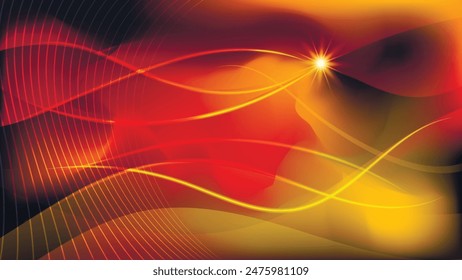 Futuristic wallpaper in fiery colors. Flashes of energy, intertwining wavy lines against a background of overlapping abstract shapes and mixing of colors. Vector.