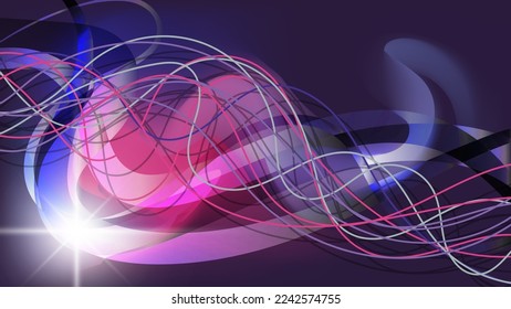 Futuristic wallpaper. A flash of light, intertwining multi-colored wavy lines and translucent stripes, glows and nebulae on a dark blue background. Template for your projects. Vector.