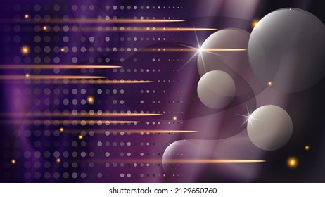 Futuristic wallpaper in gray and purple colors. Flying meteorites, shiny spheres, an array of circles of different sizes, lights, glare, glow. Vector. 