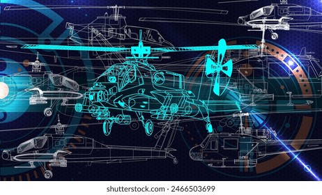 Futuristic wallpaper of military chopper or helicopter with neon light style.