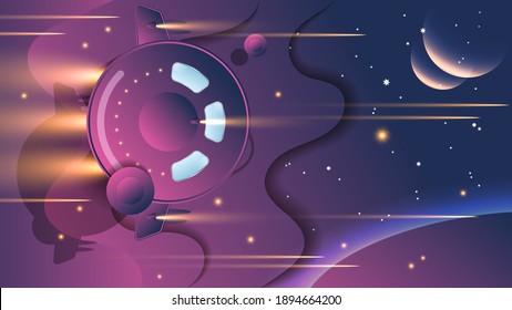 futuristic wallpaper on a space theme. abstract starship with glowing headlights takes off into space against the background of stars, meteorites, silhouettes of planets. vector