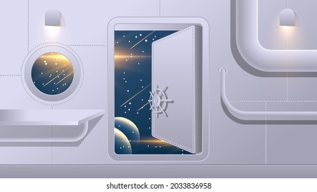 futuristic wallpaper on a space theme. view of the universe from the open door of a starship. author's fantasy. template for your projects. vector 