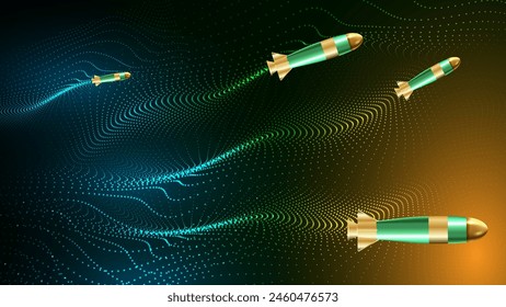 Futuristic wallpaper of rocket missiles launch with dots and light effects