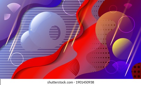 futuristic wallpaper. shiny spheres, falling meteorites, curved stripes against a background of overlapping textured red-blue abstract shapes with wavy edges. vector