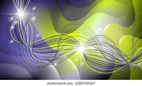 Futuristic wallpaper in toxic colors. Flashes of light and intertwining smooth lines against the backdrop of overlapping wavy shapes and mixing colors. Vector.