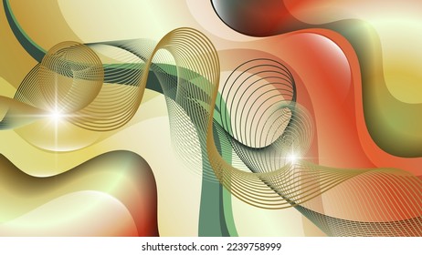 Futuristic wallpaper in warm colors. Intertwining wavy lines and a flash of light against a backdrop of overlapping abstract glittering shapes and color mixing. Vector.