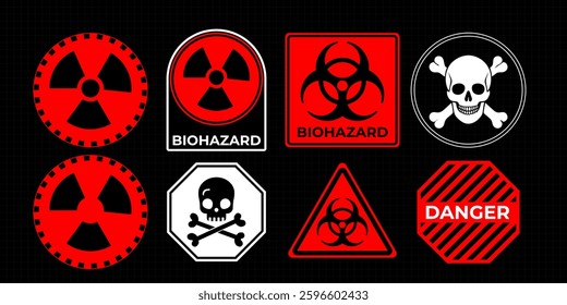 Futuristic warning frame with HUD elements and caution symbols. Vector illustration featuring alert messages, danger zone indicators, and exclamation point signs