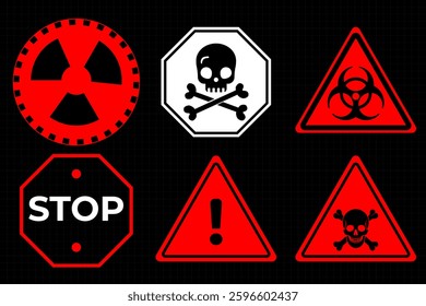 Futuristic warning frame with HUD elements and caution symbols. Vector illustration featuring alert messages, danger zone indicators, and exclamation point signs