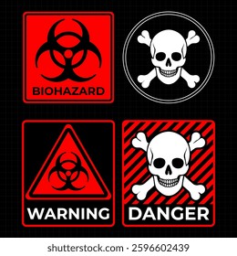 Futuristic warning frame with HUD elements and caution symbols. Vector illustration featuring alert messages, danger zone indicators, and exclamation point signs