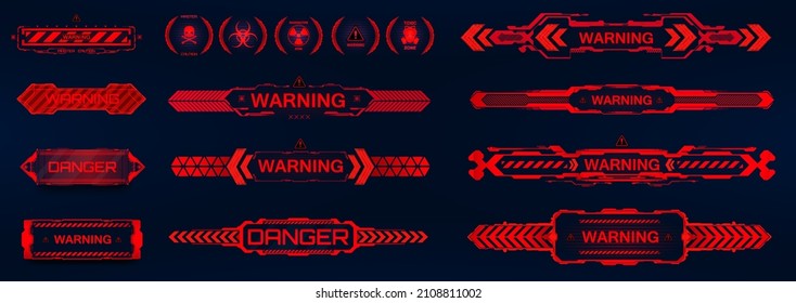 Futuristic warning signs in HUD interface style. Red notification - warning and danger for game UI, UX, GUI. Futuristic sci-fi callout headings, infobox panels, pop up, infobox. HUD vector elements