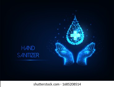 Futuristic washing hands with antiseptic liquid web banner with glowing low polygonal human hands and water or gel drops isolated on dark blue background. Modern wire frame mesh design vector image,