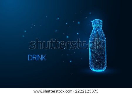 Futuristic water bottle in glowing low polygonal style isolated on dark blue background. Hydration, energy drink concept. Modern abstract connection design vector illustration.