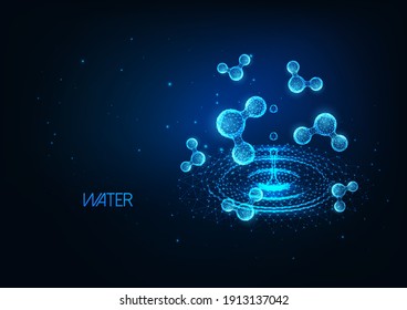 Futuristic water chemistry, cosmetology research banner concept with glowing low polygonal water molecules and water puddle on dark blue background. Modern wireframe mesh design vector illustration.