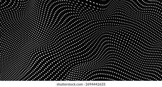 Onda futurista de puntos negros en movimiento suave sobre un fondo blanco. Ilustración vectorial.

