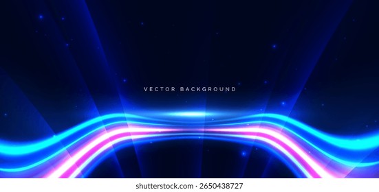 Futuristic wave blue and pink ray on dark blue background. High speed motion moving concept. Vector illustration