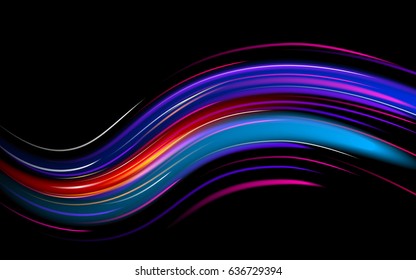 Futuristic Wave Flash. Abstract Motion Light Effect. Shining Space. Realistic Elements. Template Cover Flyers Print Web Banner. Vector Illustration Black Background.